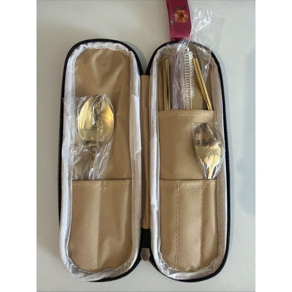 Gold Travel Utensils With Case Reusable Portable Camping Cutlery Flatware- Open